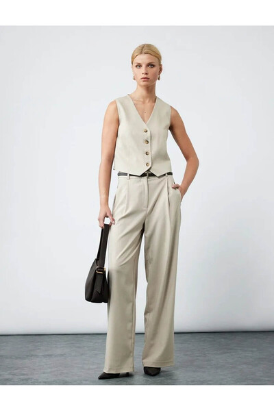 Koton Кемер Детайлни дамски панталони с висока талия в бежов цвят 6Wak40035Uw