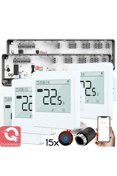 Quicksmart Pachet Automatizare Incalzire Pardoseala Q10, 2x Controller 8 zone, 4x Termostat cu fir Q40, 15x Act