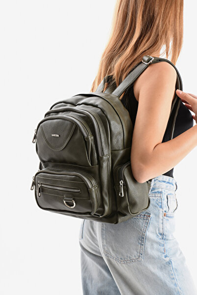 Çanta Trend Mega women's faux leather khaki multi-compartment waterproof backpack