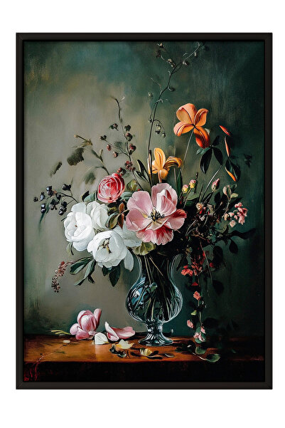 Zestia Tablou cu ramă neagră, model floral elegant pe fundal negru, poster de...