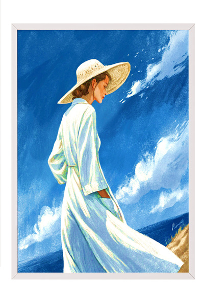Zestia Πίνακας με λευκό πλαίσιο, Γυναίκα με λευκό φόρεμα στην ακτή, Αφίσα δια...