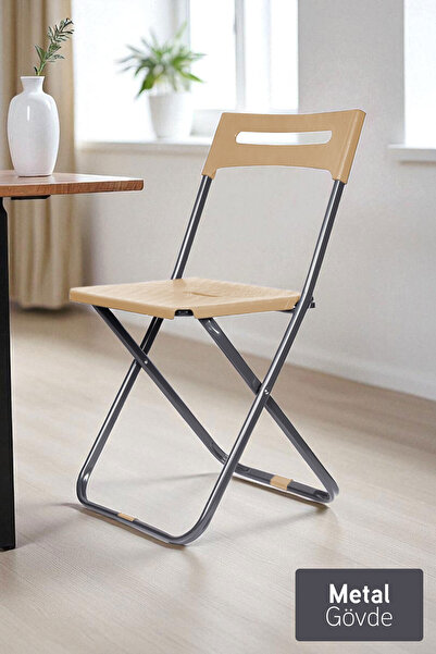 İronika Safran Katlanabilir Metal Gövdeli Sandalye Katlanır Mutfak Bahçe Kamp Sandalyesi Krem 1 Adet