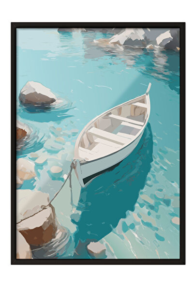 Zestia Tablou înrămat negru, barcă albă pe mare, poster decorativ pentru sufr...