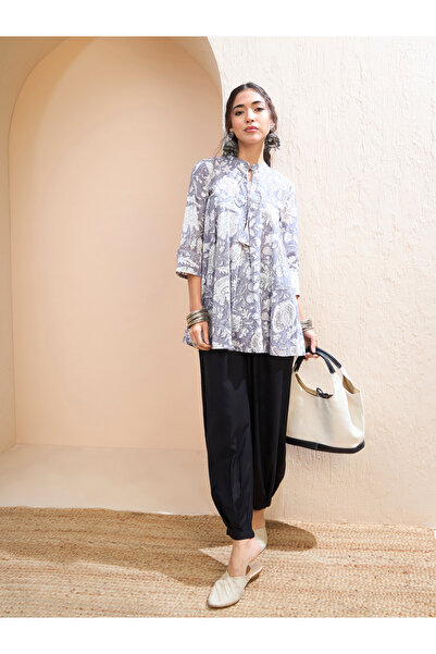 Sassafras By Styli Grey Floral Cambric Front Tie Knot Kurti