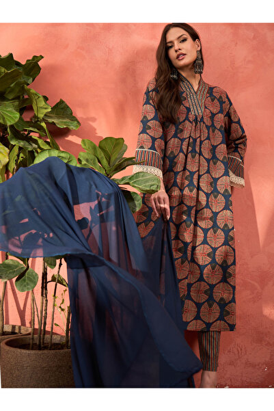Sassafras By Styli Navy Geometric Print Kurta with Pencil Pants and Dupatta Set