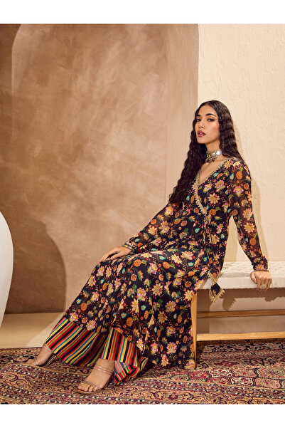 Sassafras By Styli Black Floral Wrap Anarkali Kurta and Palazzo Pants Set