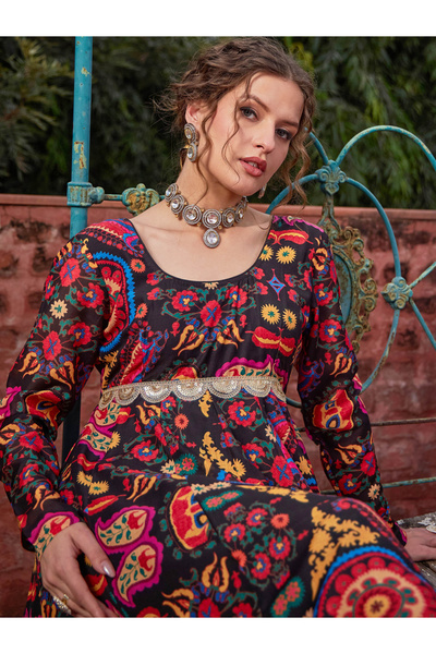 Sassafras By Styli Black Floral Poly Muslin Anarkali Kurta