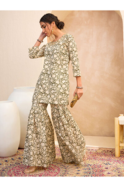 Sassafras By Styli Olive Floral Embroidered Kurta and Sharara Set