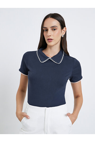 Styli بلوزة نسائية محبوكة بياقة زرقاء داكنة وبطانة متباينة