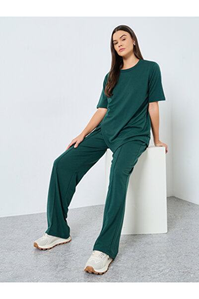 Styli Dark Green Asymmetric Hem T-Shirt and Joggers Co-Ords