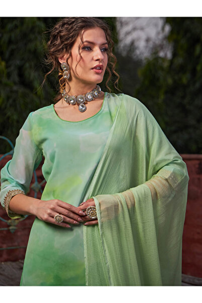 Sassafras By Styli Lime Green Tie-Dye Kurta, Sharara and Dupatta Set