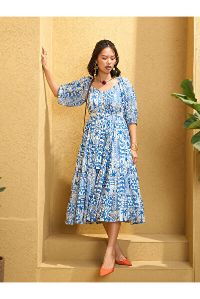 Sassafras By Styli Blue All Over Print Belted Midi Dress