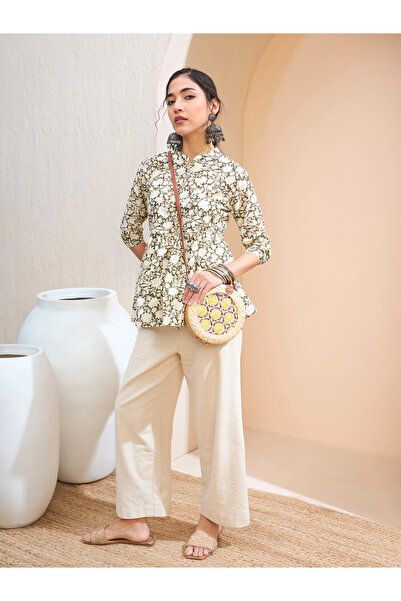 Sassafras By Styli Olive Floral Cambric Front Button Gathered Kurti