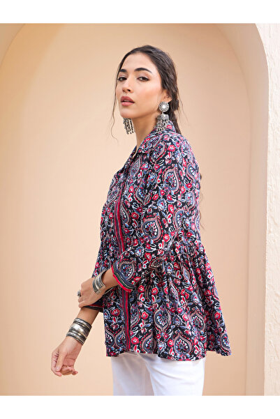 Sassafras By Styli Black Floral Front Placket Collar Kurti