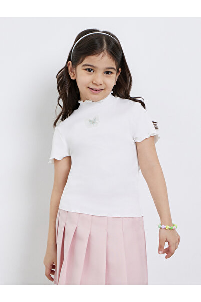 Styli Girls Off White Ribbed High Neck T-Shirt