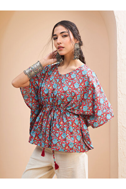 Sassafras By Styli Red Floral Kaftan Kurti