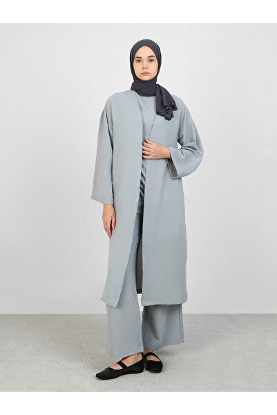 Refka By Styli Grey Sleeveless Ruched Top with Kimono and Trousers Co-Ords