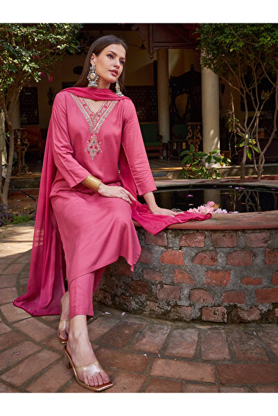 Sassafras By Styli Pink Rayon Embroidered Kurta with Pencil Pants and Dupatta Set