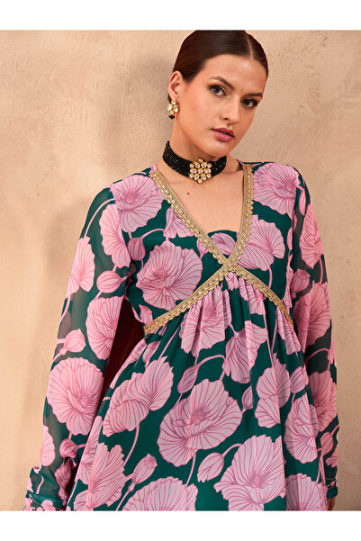 Sassafras By Styli Green and Pink Floral Peplum Top and Sharara Set