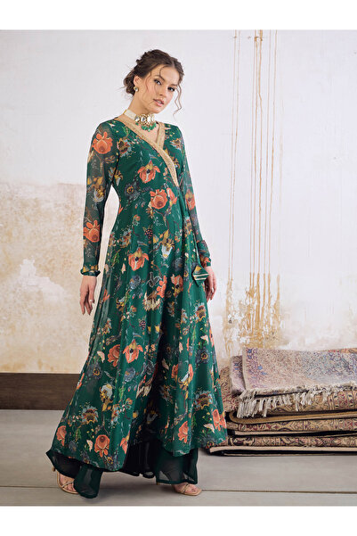 Sassafras By Styli Green Floral Print Wrap Anarkali Kurta