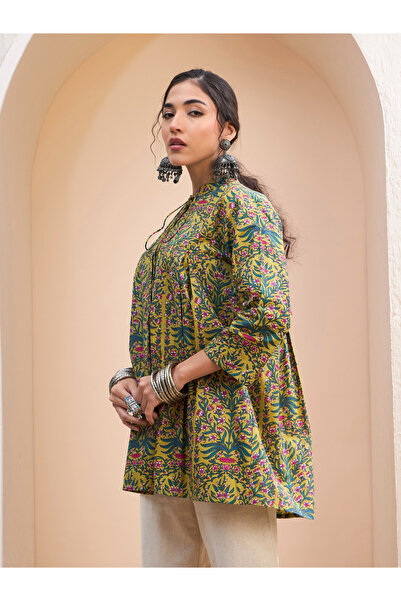 Sassafras By Styli Dark Mustard Floral Cambric Front Tie Knot Kurti