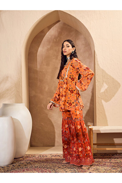 Sassafras By Styli Orange Floral Print Kurta and Sharara Set