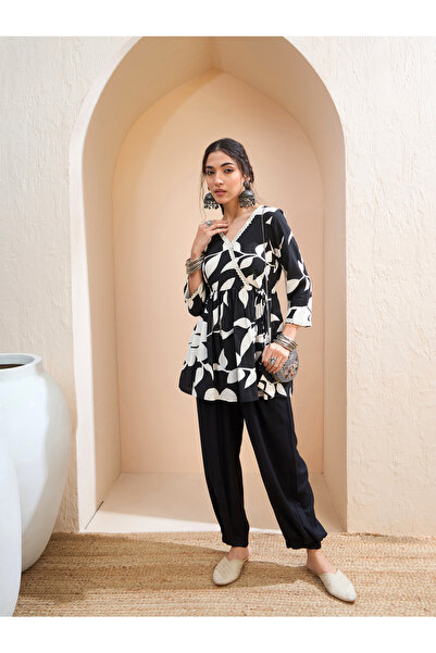 Sassafras By Styli Black Floral Wrap Neck Peplum Kurti