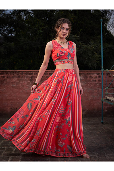 Sassafras By Styli Red Floral Sleeveless Crop Top with Anarkali Skirt