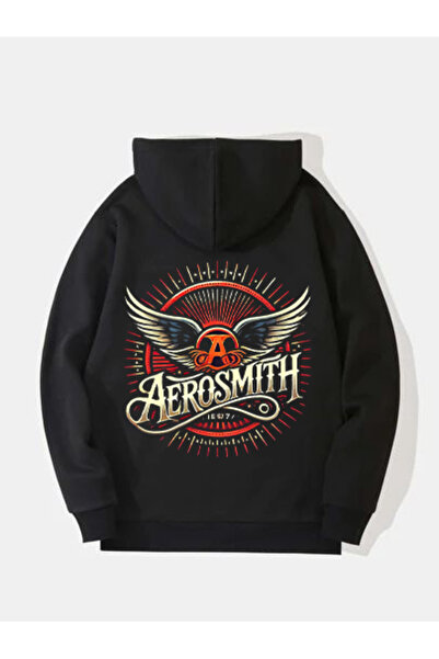 MAGORS Sweatshirt rock cu glugă, cu mânecă lungă, din bumbac, cu imprimeu AEROSMITH, cu 3 fire