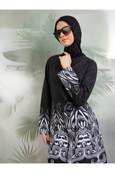 Mayo Bella By Styli Black Printed Hem Burkini Set
