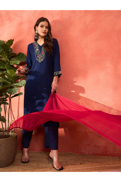 Sassafras By Styli Navy Rayon Embroidered Kurta with Pencil Pants and Dupatta Set