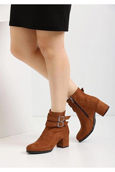 beelleshoe BELLE SHOE Kadın HEMERA kahverengi Süet Çift Tokalı Kısa Bot
