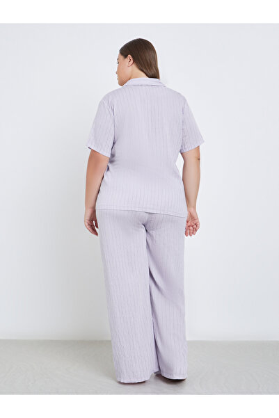 Styli Plus Viscose Textured Double Stripe Shirt and Pyjama Set