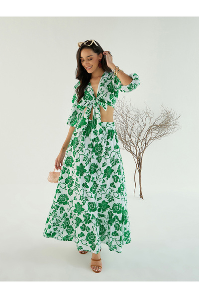 Sassafras By Styli Green Tie-Front Crop Top and Maxi Skirt Co-Ords