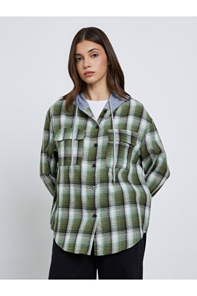 Take Two By Styli Women Green Checked Hooded Jacket