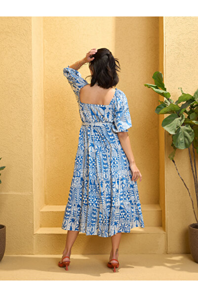 Sassafras By Styli Blue All Over Print Belted Midi Dress