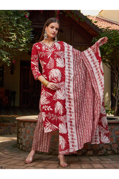 Sassafras By Styli Maroon Floral V-Neck Kurta with Pencil Pants and Dupatta Set
