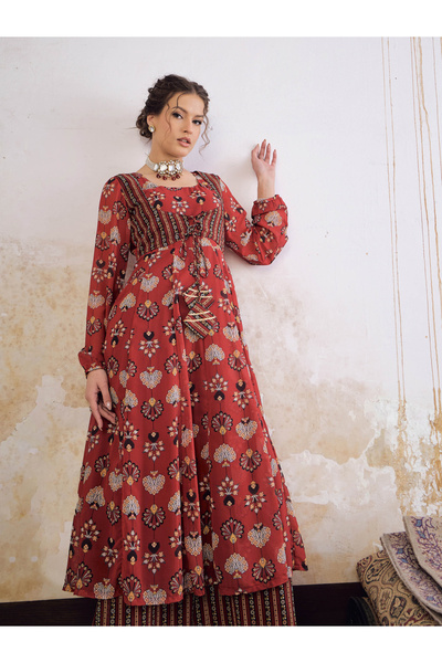 Sassafras By Styli Maroon Floral Front Yoke Anarkali Kurta with Palazzo Pants Set
