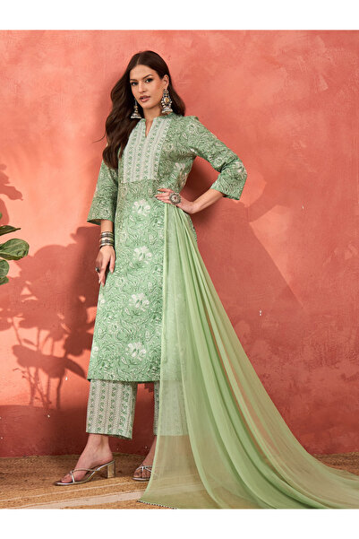 Sassafras By Styli Green Floral Straight Kurta with Pencil Pants and Dupatta Set