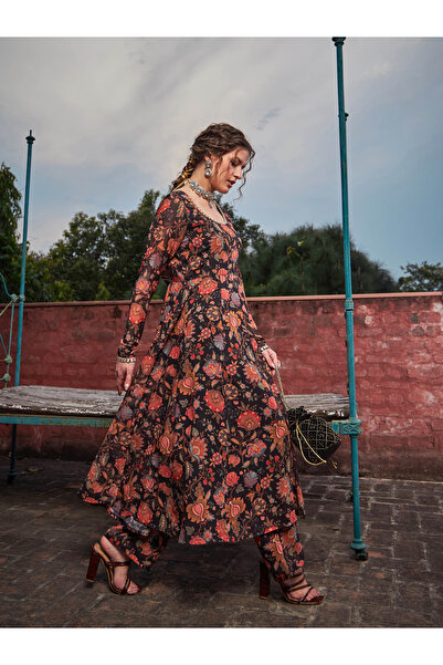 Sassafras By Styli Black Floral Anarkali Kurta with Straight Pants Set