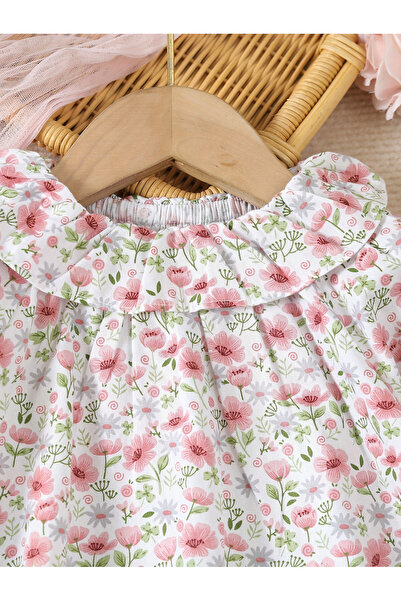 Take Two By Styli Girls Floral Print Cotton Top with Ruffle Collar