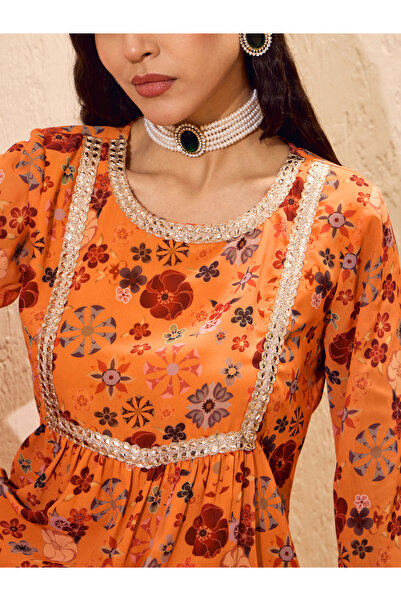Sassafras By Styli Orange Floral Print Kurta and Sharara Set