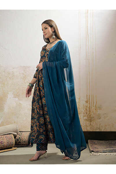 Sassafras By Styli Teal Floral Anarkali Kurta with Pencil Pant and Dupatta Set
