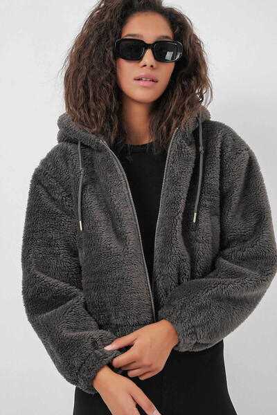 Bigdart Hooded Plush Crop Anthracite Women's Jacket 5193