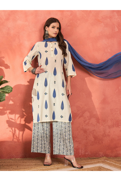 Sassafras By Styli White and Blue Floral Straight Kurta with Pencil Pants and Dupatta Set
