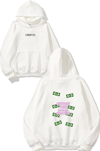 urbvn سترة بيضاء كبيرة الحجم بقلنسوة مطبوعة بتصميم داعم