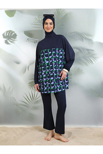 Mayo Bella By Styli Navy Blue Printed Burkini Set