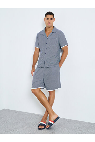 Styli Men Navy Blue Checked Print Knit Shirt and Shorts Set