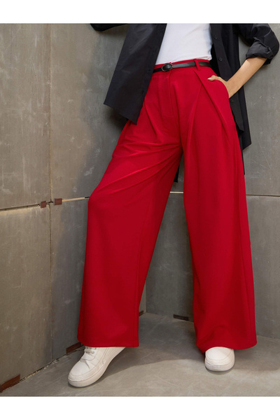 Sassafras By Styli Women Red Wrap Pleated Wide Leg Pants