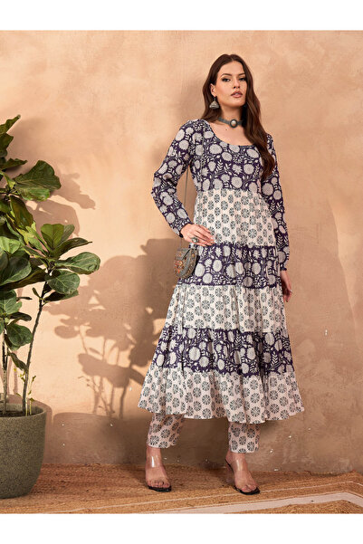 Sassafras By Styli Navy Blue Cambric Tiered Kurta with Pencil Pants Set